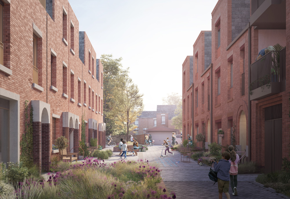 CGI showing Still Green apartment blocks to the left of a little streets in the new Wolverton development